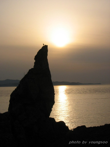 제부도 가는 길이 너무 막혀 어쩔 수 없이 대부도에 들렀다 담을 수 있었던 멋스런 낙조의 순간. 날이 흐려 지는 해를 또렷이 볼 순 없었지만 바위에 앉은 새 한 마리가 정경을 만들어냈다. (2004.3.28. 촬영) 